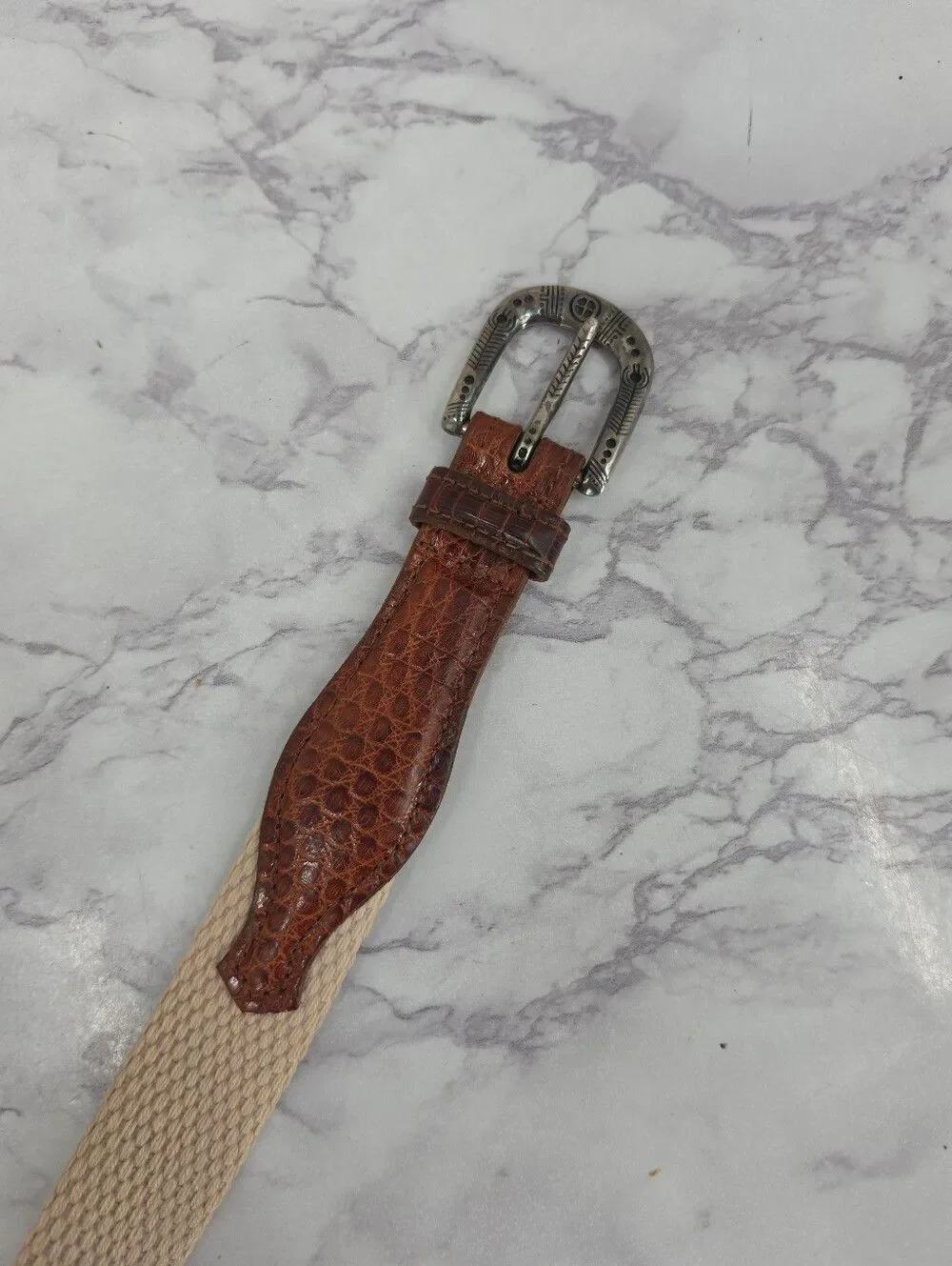 Vintage Cole Haan Men's Woven Cream Belt with Brown Leather Silver Tone Buckle